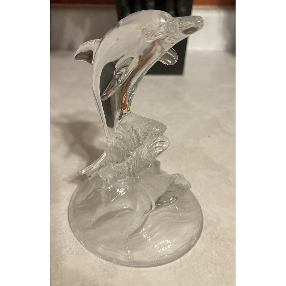 Vintage 6" Cristal D'Arques Clear Lead Glass Crystal Dolphin Figure On Waves - Picture 2 of 6